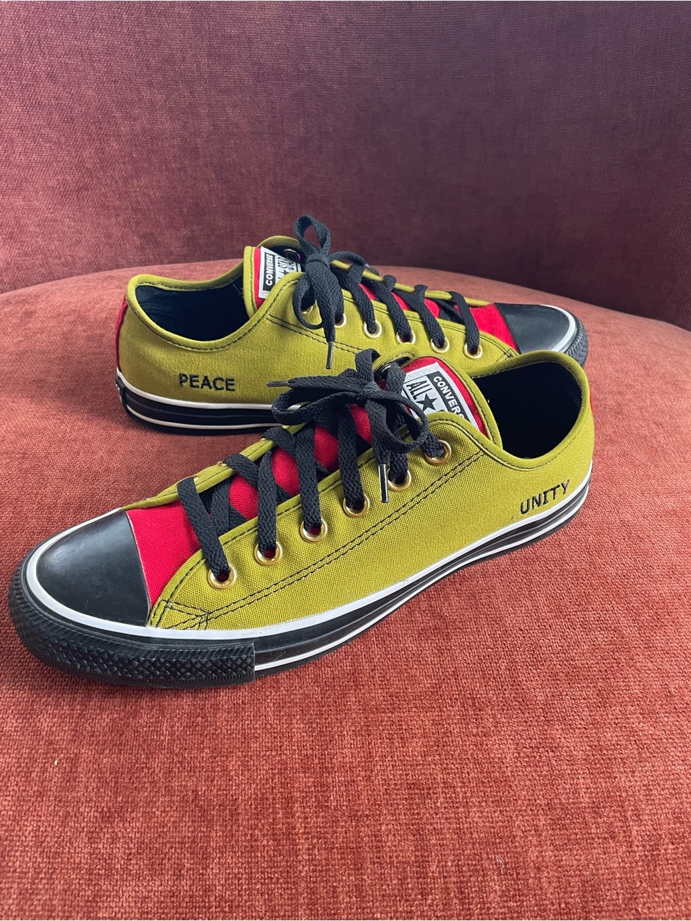 Converse Custom Low Top Sneakers in Olive Green, Red & Black PEACE + UNITY